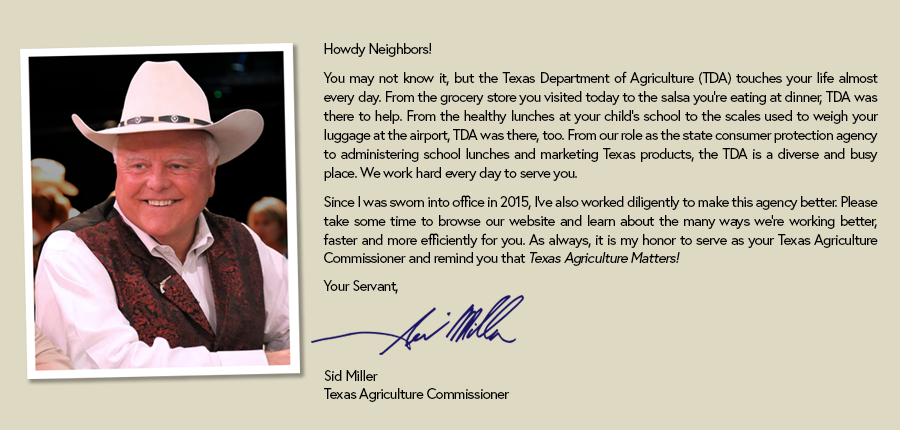 Picture of Texas Agriculture Commissioner Sid Miller with welcome message